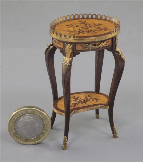 Denis Hillman. A Louis XV style marquetry inlaid miniature two tier etagere, height 2.5in.